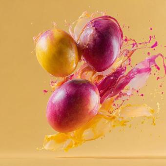 果汁が弾ける完熟マンゴーのマクロ撮影 果汁が弾ける完熟マンゴーのマクロ撮影の写真