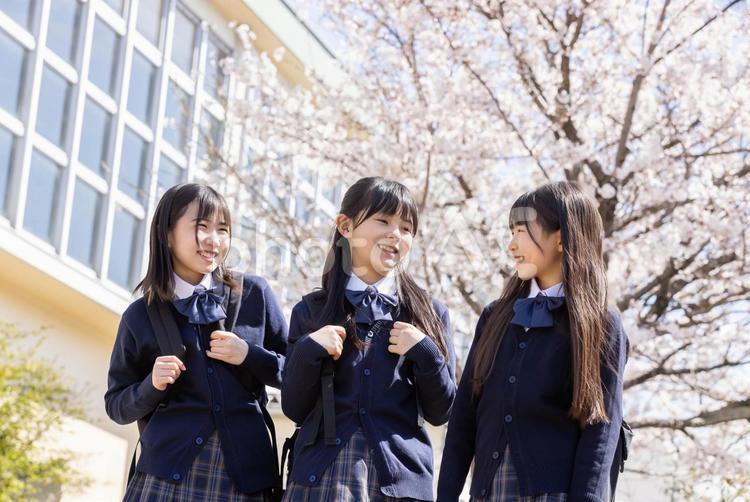 春の校舎と笑顔の学生 女子学生,学生,制服の写真素材