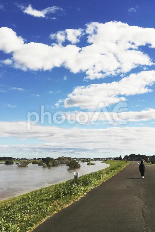 川沿いの散歩_縦長 背景,背景素材,雲の写真素材