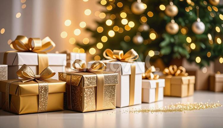 クリスマスツリーの横のプレゼント クリスマスプレゼント,プレゼント,ゴールドの写真素材