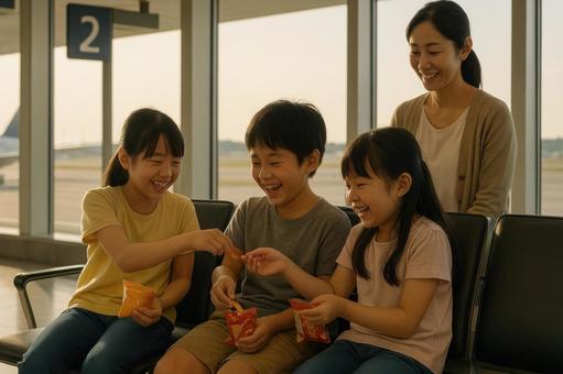 搭乗ゲート前でお菓子を分け合う子どもたち 搭乗ゲート前でお菓子を分け合う子どもたちの写真
