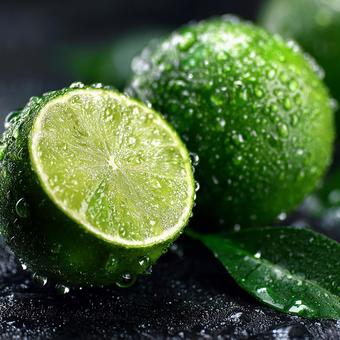 緑鮮やかなライム、水滴に輝く爽やかさ 緑鮮やかなライム、水滴に輝く爽やかさの写真