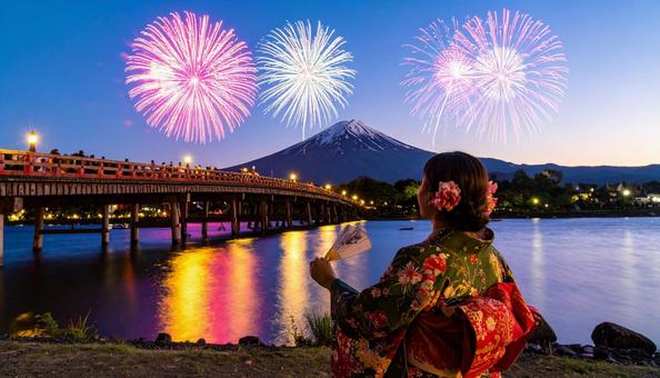 打ち上げ花火を見上げる浴衣姿の女性 打ち上げ花火を見上げる浴衣姿の女性の写真