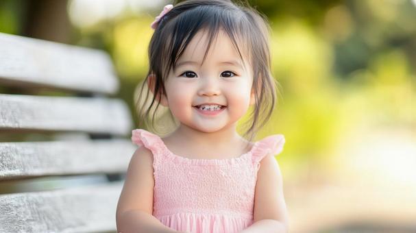 公園のベンチに座る小さな女の子 公園のベンチに座る小さな女の子の写真