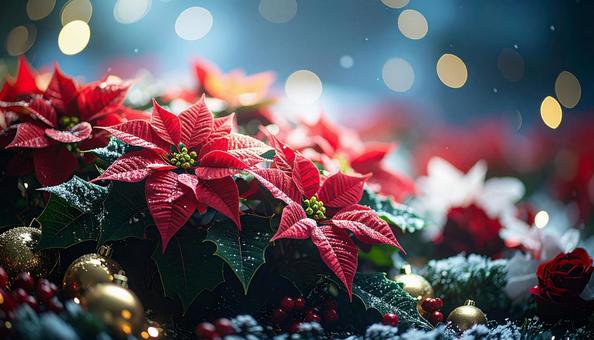 12月誕生花 ポインセチア、赤いバラ 12月誕生花 ポインセチア、赤いバラの写真