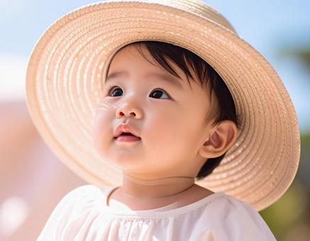 麦わら帽子をかぶった赤ちゃん 麦わら帽子をかぶった赤ちゃんの写真