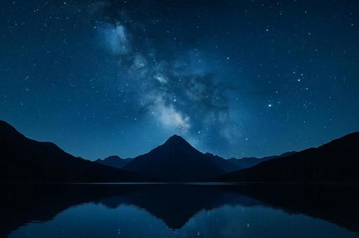 山と星空、湖に映る星のリフレクション 山と星空、湖に映る星のリフレクションの写真