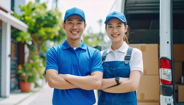 ダンボールを持つ運送業者の男女 ダンボールを持つ運送業者の男女の写真