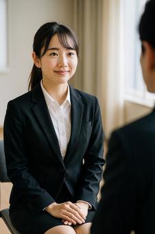 面接を受ける若い女性と面接官の写真
