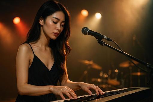 ステージでキーボードを弾く真剣な女性の写真