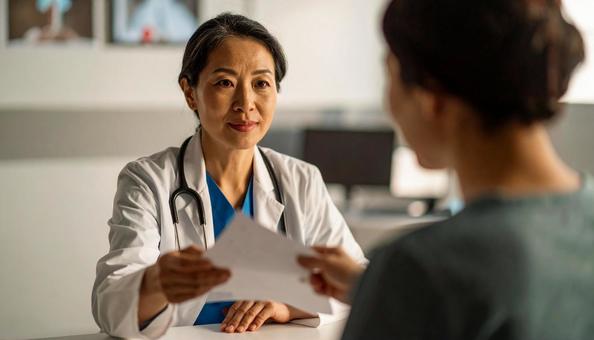 手術前に患者に手術同意書を渡す医師の写真