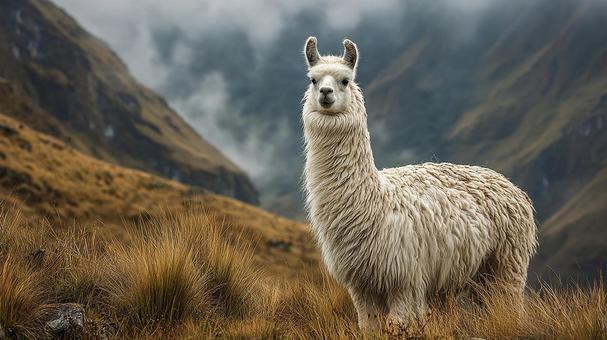 霧深い山脈に立つ、ふわふわのアルパカ 霧深い山脈に立つ、ふわふわのアルパカの写真