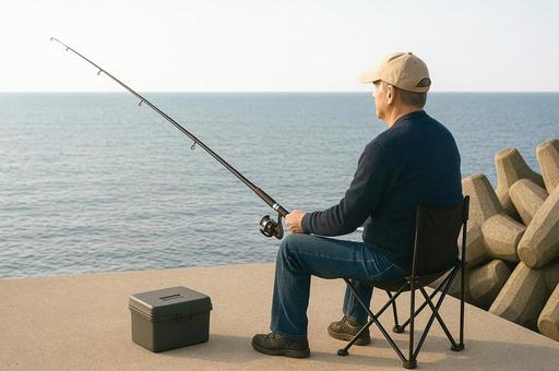 防波堤で釣りをする男性 防波堤で釣りをする男性の写真