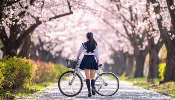 桜並木を自転車を押して歩く女子高生 桜並木を自転車を押して歩く女子高生 の写真