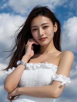 眩しい太陽の下幸せそうな笑顔を見せる女性 眩しい太陽の下幸せそうな笑顔を見せる女性の写真