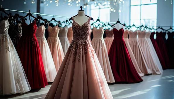 レンタルドレス屋にかかるたくさんのドレス レンタルドレス屋にかかるたくさんのドレスの写真