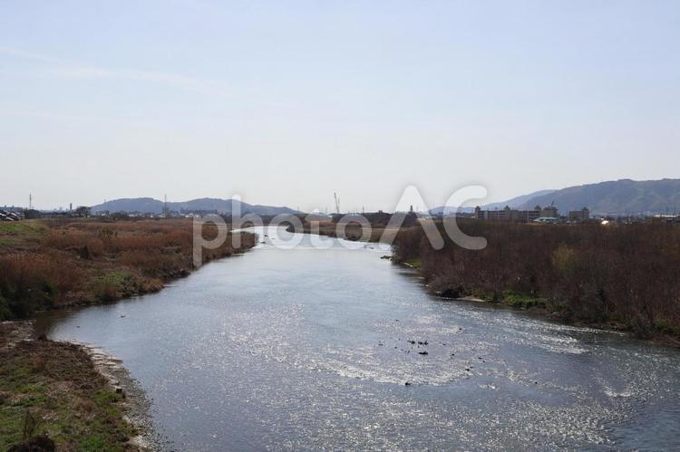 晴天の桂川で水が流れている風景 京都,桂川,大きいの写真素材