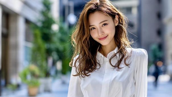 屋外で微笑むナチュラルメイクの美しい女性 屋外で微笑むナチュラルメイクの美しい女性の写真