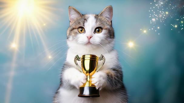 トロフィーを持つ猫 トロフィーを持つ猫の写真