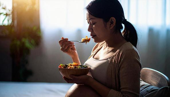 食事を美味しそうに食べる妊婦 食事を美味しそうに食べる妊婦の写真