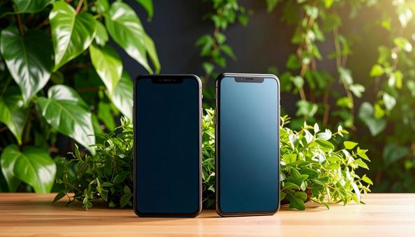 連絡交換のイメージ 机の上の携帯電話二台 連絡交換のイメージ 机の上の携帯電話二台の写真