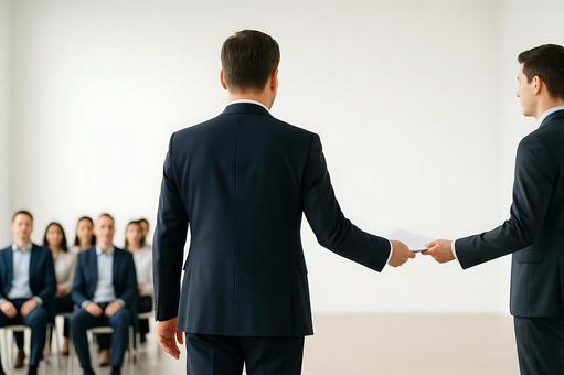 セミナー会場で資料を渡し協力する後ろ姿 セミナー会場で資料を渡し協力する後ろ姿の写真
