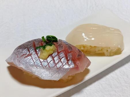 真あじ・イカ　握り寿司　赤酢シャリ 真あじ,イカ,握り寿司の写真素材