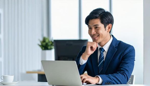 パソコンの前で閃く笑顔のサラリーマンの写真