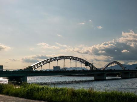 太田川大橋 太田川大橋 太田川大橋,太田川放水路,夕方の写真素材