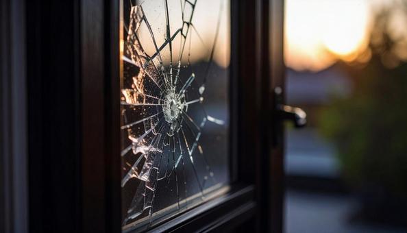 侵入盗に割られたガラス窓 侵入盗に割られたガラス窓の写真