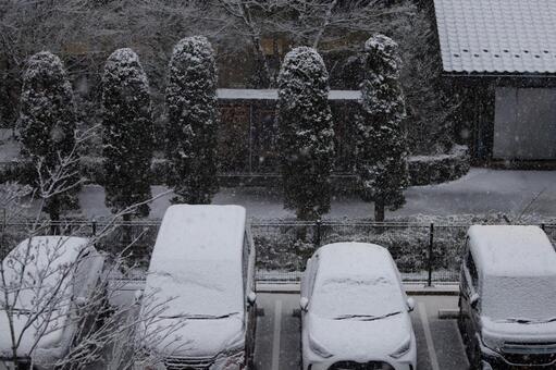 雪が降る冬の駐車場 冬,雪,駐車場の写真素材