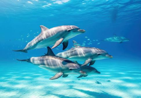 透明な海を泳ぐイルカたちの水中写真 透明な海を泳ぐイルカたちの水中写真の写真
