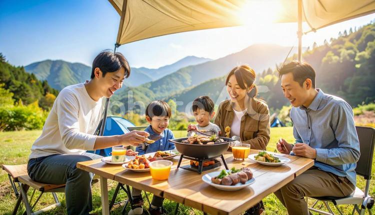 キャンプ場でバーベキューを食べる家族 ファミリーキャンプ,バーベキュー,アウトドアの写真素材