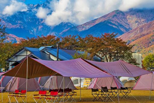 秋晴れの下、並ぶカラフルなタープ 秋,キャンプ,タープの写真素材