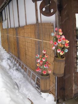冬の大内宿 冬の大内宿 餅花,小正月,どんど焼きの写真素材