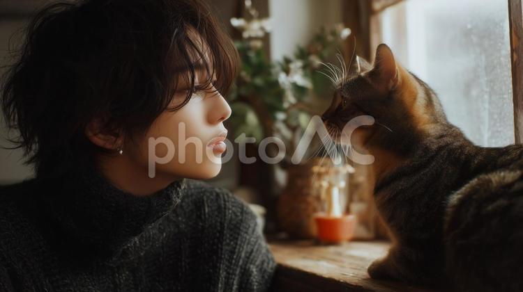 男性と猫 男性,猫,イケメンの写真素材