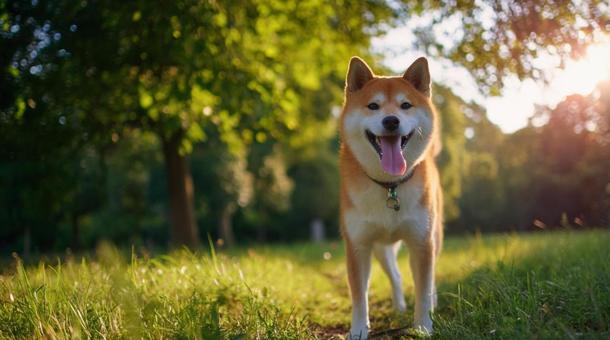 A Shiba Inu pet smiling in the grass with the setting sun behind it, shiba inu, smiling dog, grassland, JPG