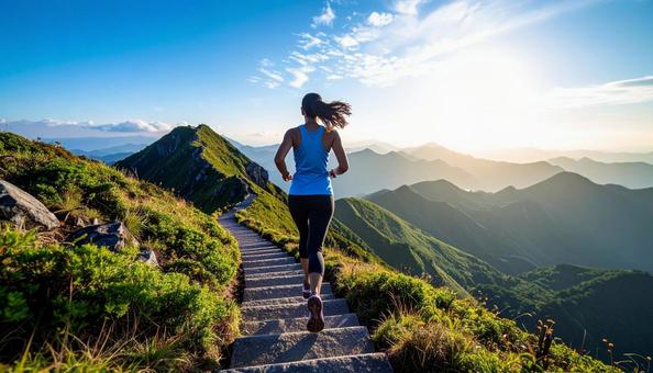 階段を駆け上がる日本人の女性ランナー 階段を駆け上がる日本人の女性ランナーの写真