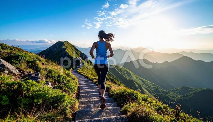 階段を駆け上がる日本人の女性ランナー ステップアップ,靴,走るの写真素材