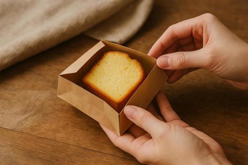 パウンドケーキを紙袋から取り出す手元 パウンドケーキを紙袋から取り出す手元の写真