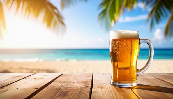 南国の真夏のビーチとビールジョッキ 南国の真夏のビーチとビールジョッキの写真