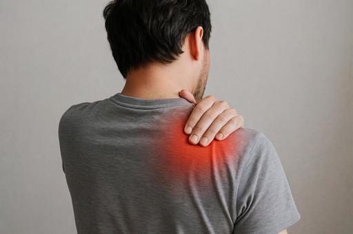 肩の痛みで抑える男性 肩の痛みで抑える男性の写真