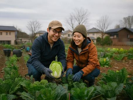 畑で収穫を喜ぶ夫婦 畑で収穫を喜ぶ夫婦の写真