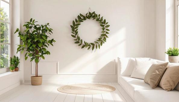 美しい白い部屋　窓と花とソファの写真