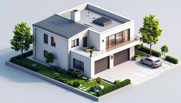 アイソメトリックなガレージのある集合住宅の写真