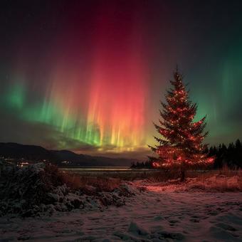 クリスマスカラーのオーロラと雪の森 クリスマスカラーのオーロラと雪の森の写真