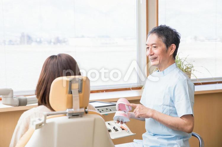 歯医者で説明を受ける女性 歯医者,説明,患者の写真素材