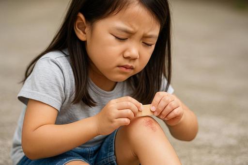 膝を擦りむいて痛がる少女 膝を擦りむいて痛がる少女の写真