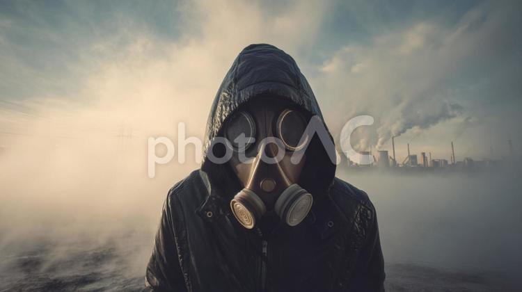霧に消えるシルエット ガスマスク,フード,霧の写真素材