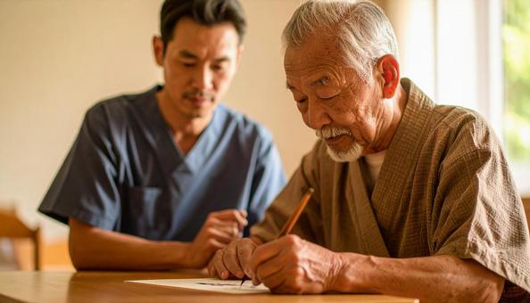 院内デイケアで書道をする男性と看護師 院内デイケアで書道をする男性と看護師の写真